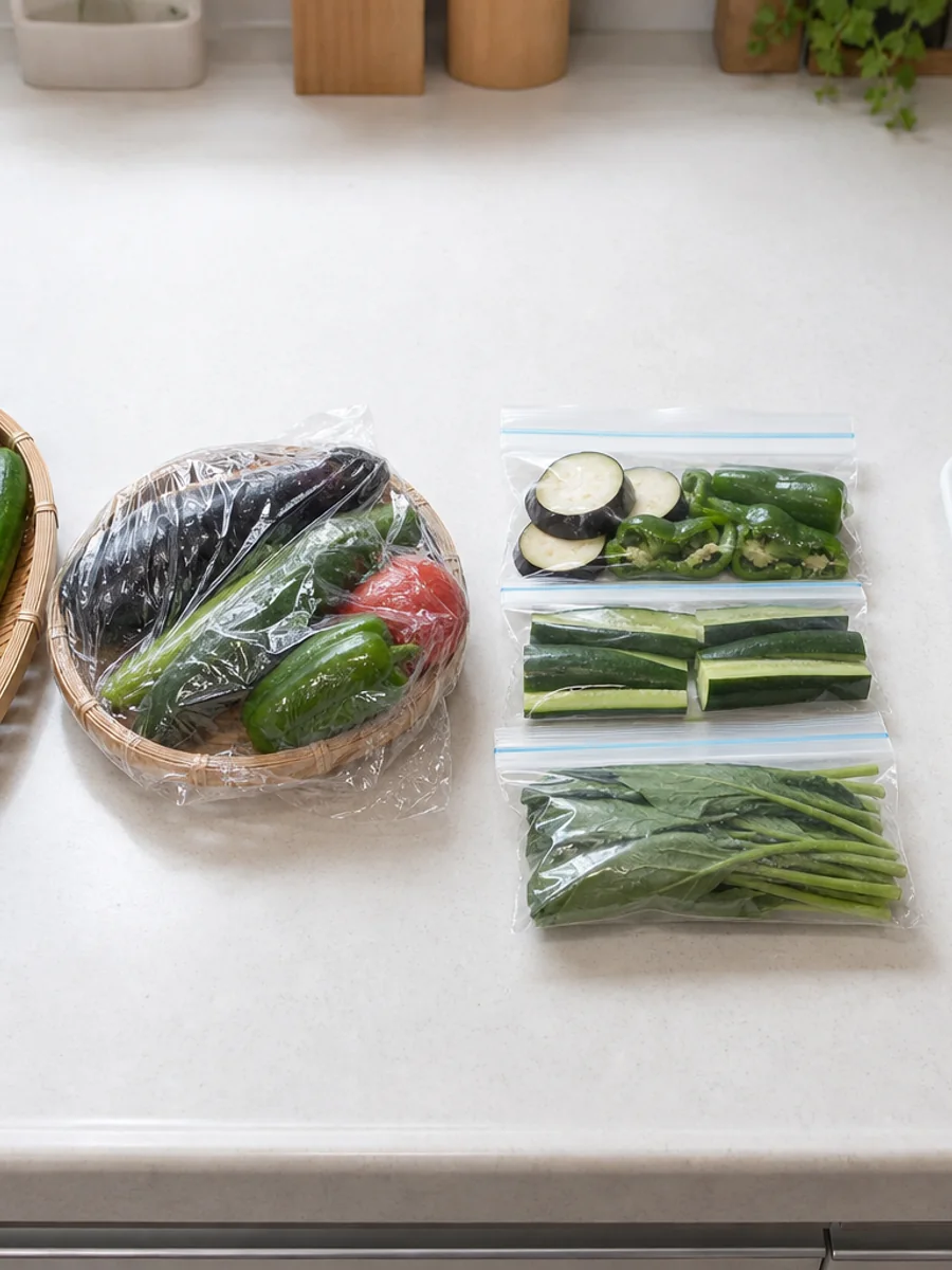 収穫野菜を当日使用、短期冷蔵、冷凍準備、保存停止の状態に分けた比較