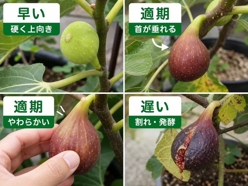 いちじくの早い、首が垂れる、やわらかい、遅いを比較した収穫目安画像