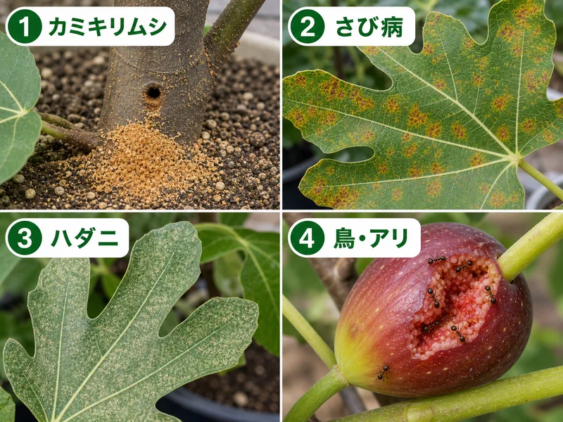 いちじくのカミキリムシ、さび病、ハダニ、鳥とアリの食害をまとめた診断画像