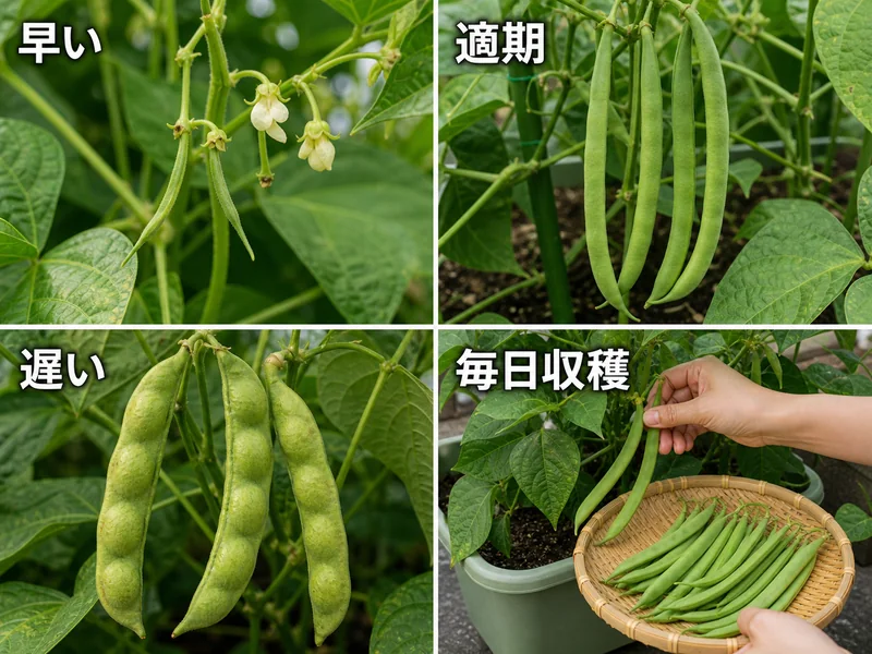 いんげんの早い、適期、遅い、毎日収穫を比較した収穫目安画像