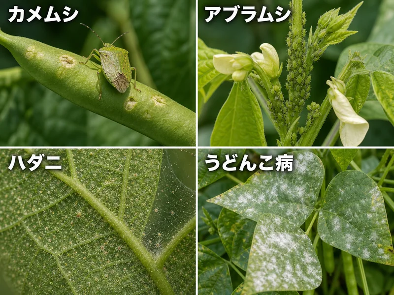 いんげんのカメムシ、アブラムシ、ハダニ、うどんこ病をまとめた診断画像