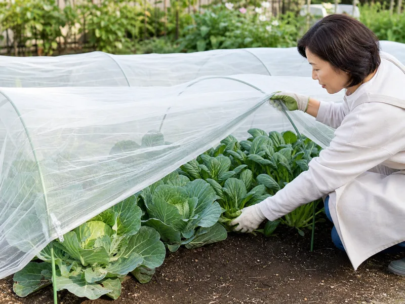 防虫ネットの下で育つ葉物野菜を確認する様子