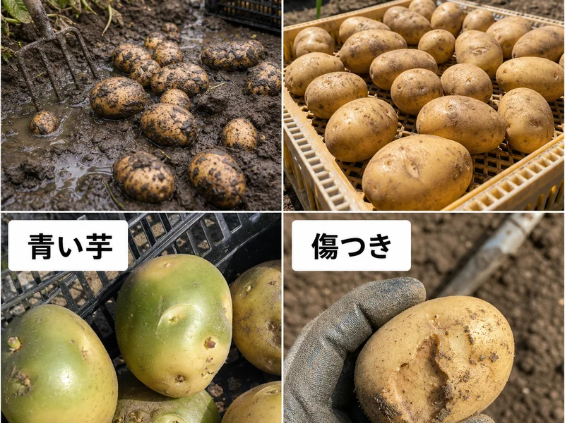 じゃがいもの収穫時期の収穫前後のトラブルを比較した画像