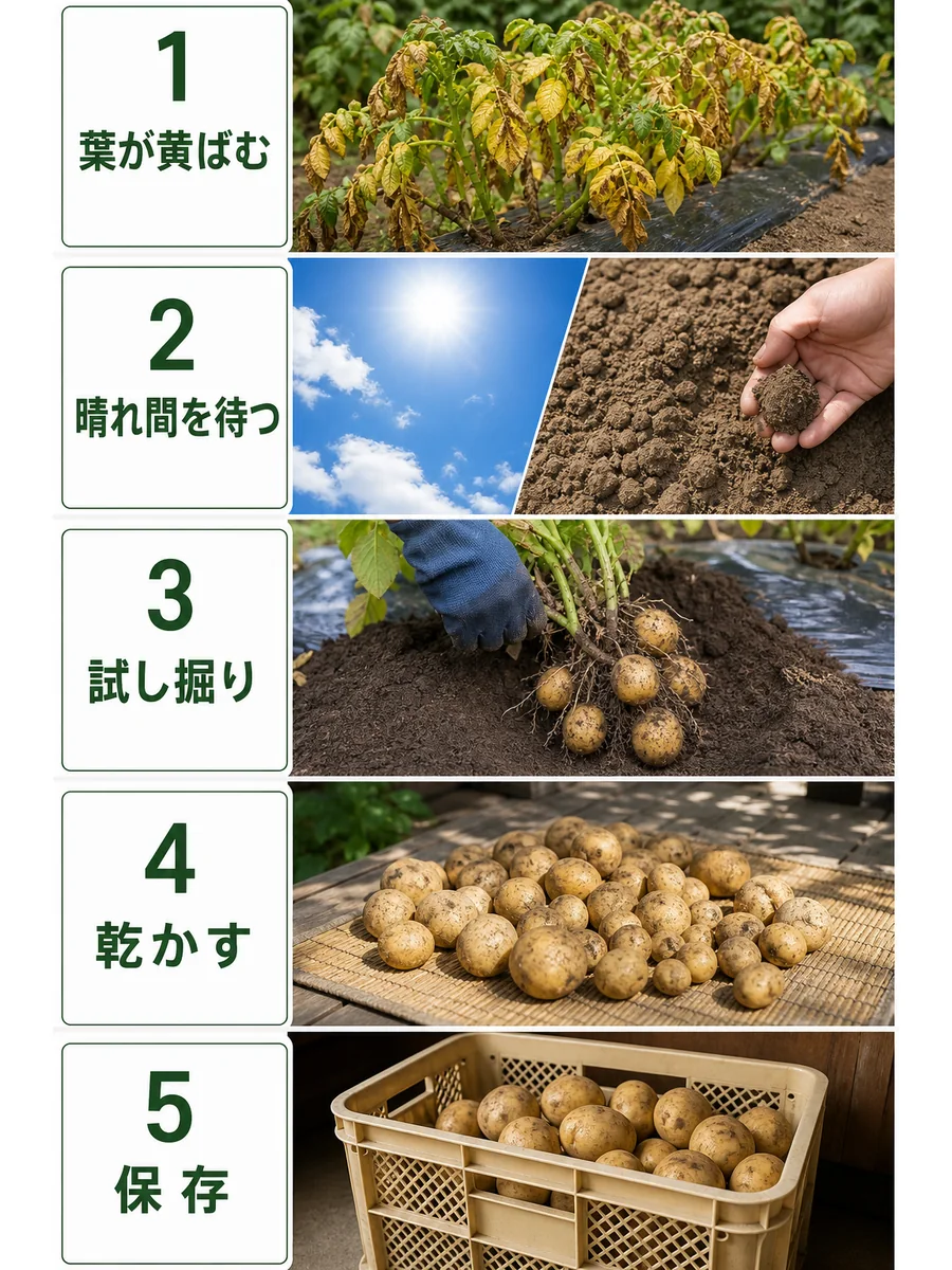 じゃがいもの収穫時期の判断手順をまとめた縦長画像