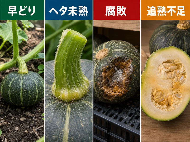 かぼちゃの収穫時期の収穫前後のトラブルを比較した画像