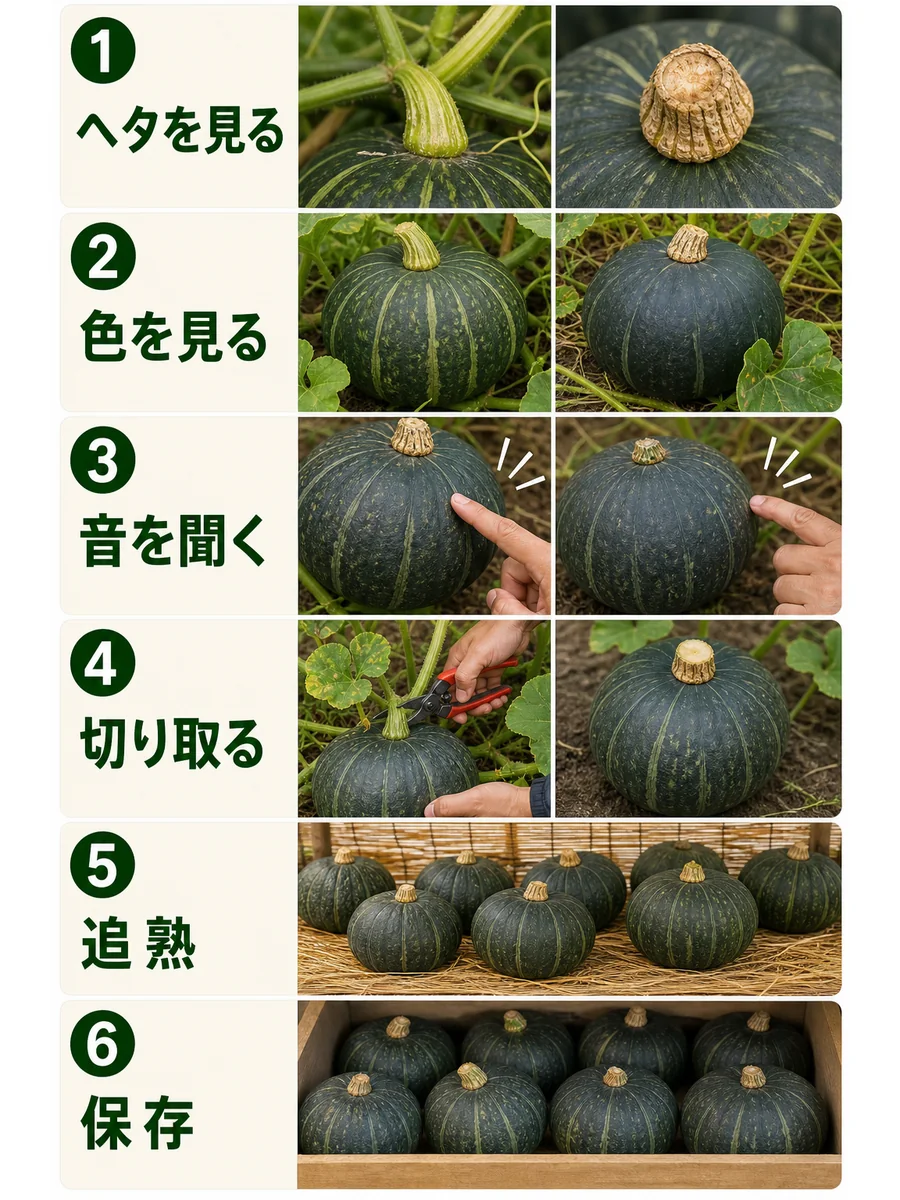かぼちゃの収穫時期の判断手順をまとめた縦長画像
