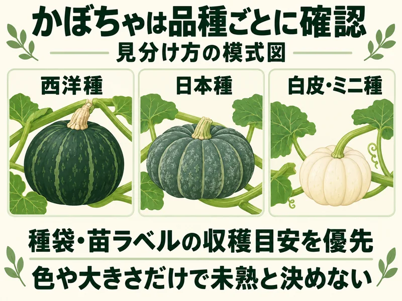 西洋種・日本種・白皮とミニ種の模式図。品種ごとの案内を優先