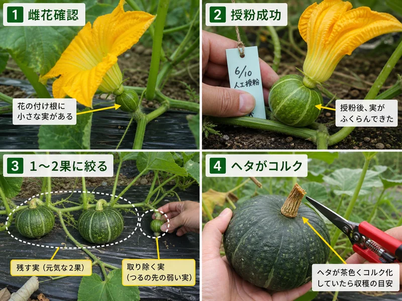 かぼちゃの雌花確認、授粉成功、1〜2果に絞る、ヘタがコルク状になった収穫目安を比較した画像