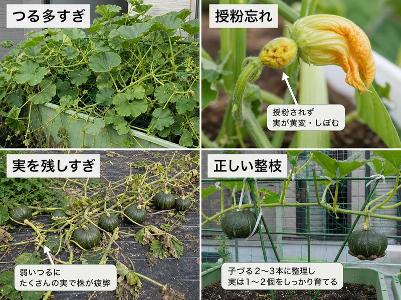 かぼちゃ整枝のつる多すぎ、授粉忘れ、実を残しすぎ、正しい整枝を比較した画像