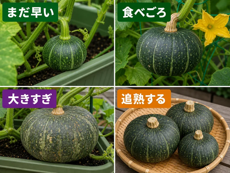 かぼちゃのまだ早い、食べごろ、大きすぎ、追熟するを比較した収穫目安画像