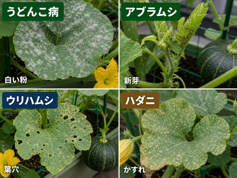 かぼちゃのうどんこ病、アブラムシ、ウリハムシ、ハダニをまとめた診断画像