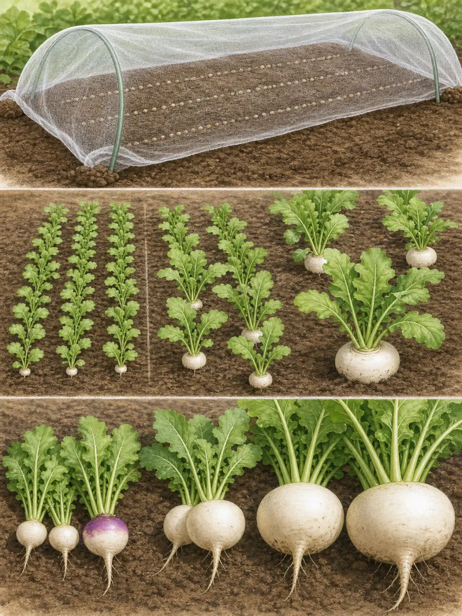 カブの直播、防虫ネット、間引き、小カブから大カブまでの株間を比較する様子