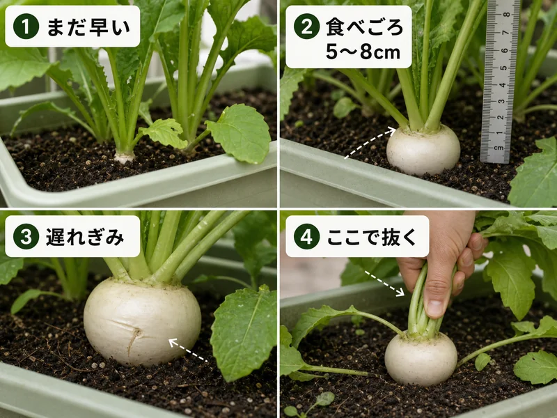 かぶのまだ早い、食べごろ、遅れぎみ、抜く位置を比較した収穫目安画像