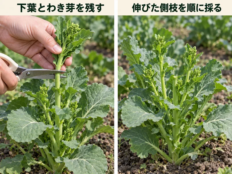 かき菜の下葉とわき芽を残す切り位置と、その後に伸びた側枝の収穫例