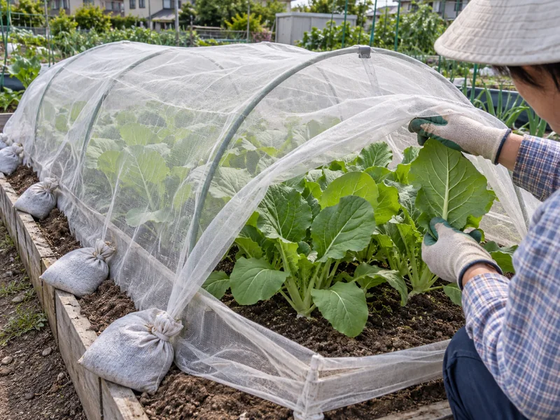 かき菜の防虫ネットを一時的に開けて葉裏を点検し、裾を重しで閉じる栽培例