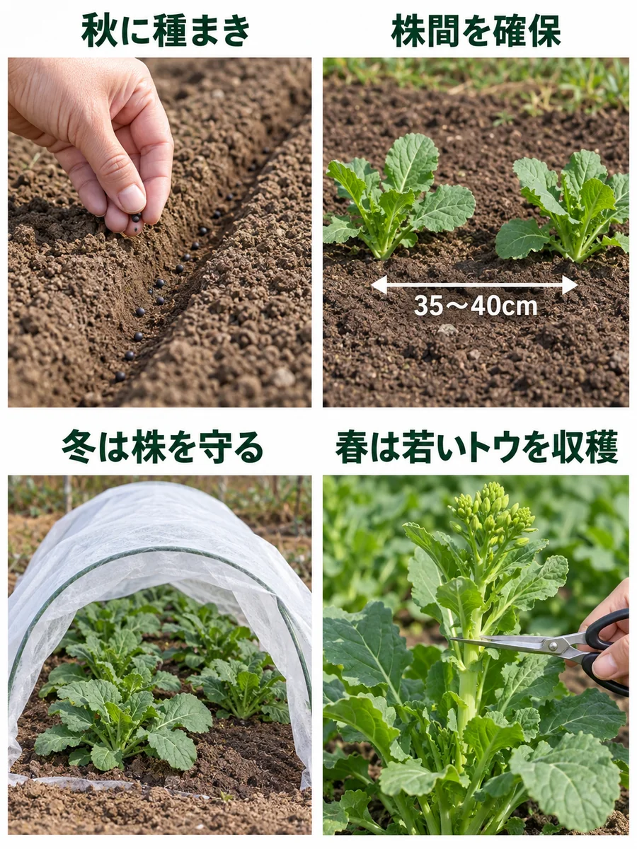 秋の種まき、株間確保、冬の保護、春のトウ収穫を示す四場面