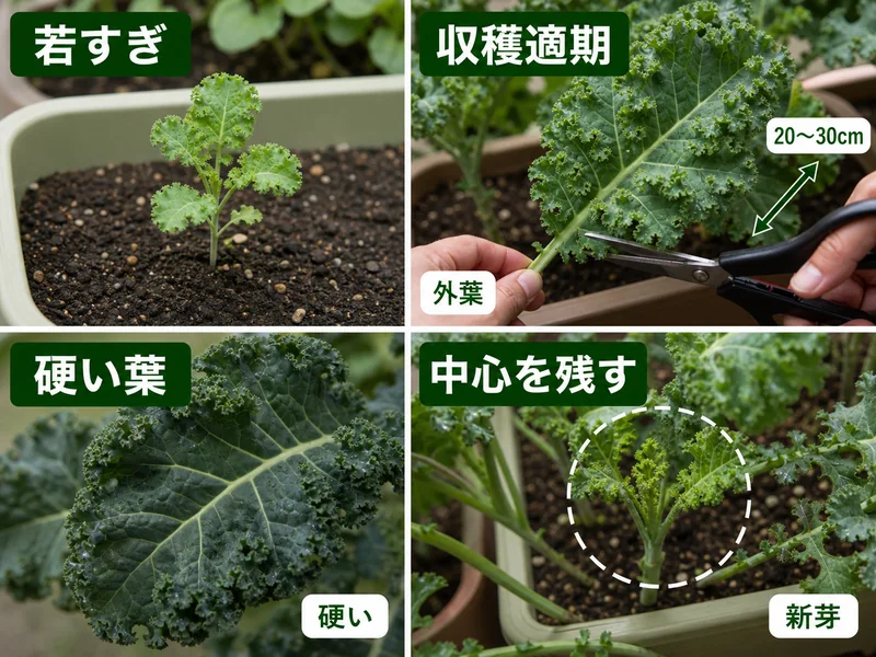 ケールの若すぎ、収穫適期、硬い葉、中心を残す収穫目安を比較した画像