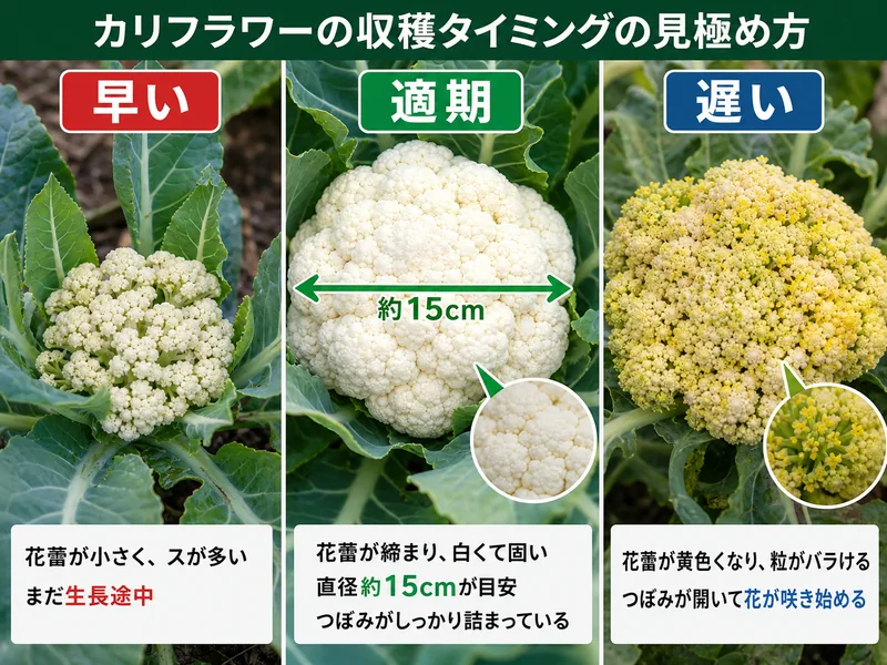 カリフラワーの早い花蕾、適期の白く締まった花蕾、遅い黄色い花蕾を比べる画像