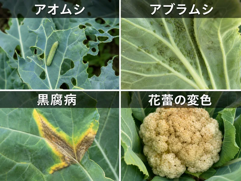 カリフラワーのアオムシ、アブラムシ、黒腐病、花蕾の変色を見分ける画像