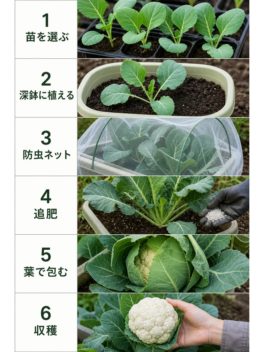 カリフラワーの苗選び、植え付け、防虫ネット、追肥、葉で包む、収穫までの流れ
