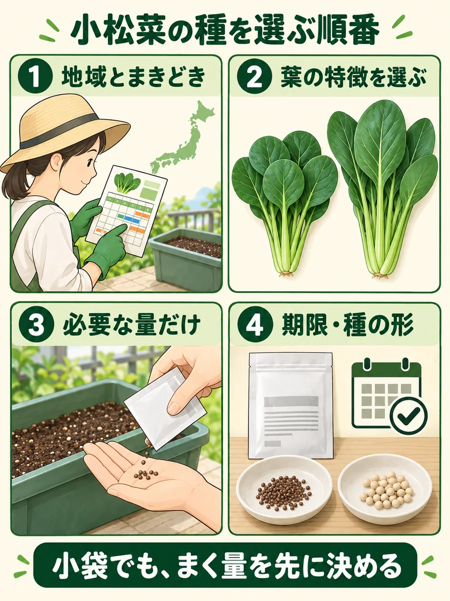 小松菜の種を地域のまきどき、葉の特徴、必要量、期限と種の形の順に選ぶ図