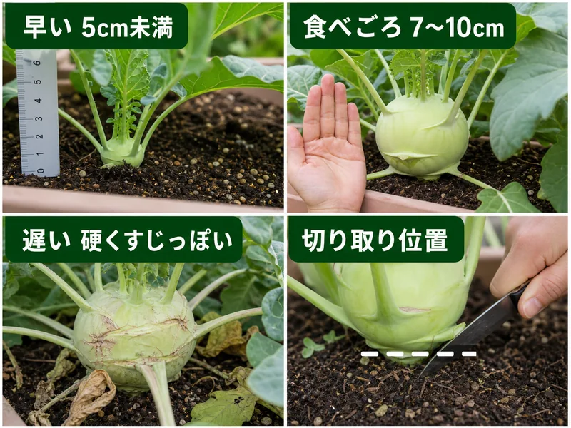 コールラビの早い5cm未満、食べごろ7〜10cm、遅い硬くすじっぽい状態、切り取り位置を比べる画像