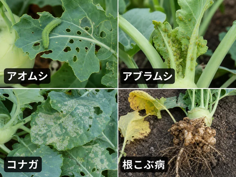 コールラビのアオムシ、アブラムシ、コナガ、根こぶ病をまとめた診断画像