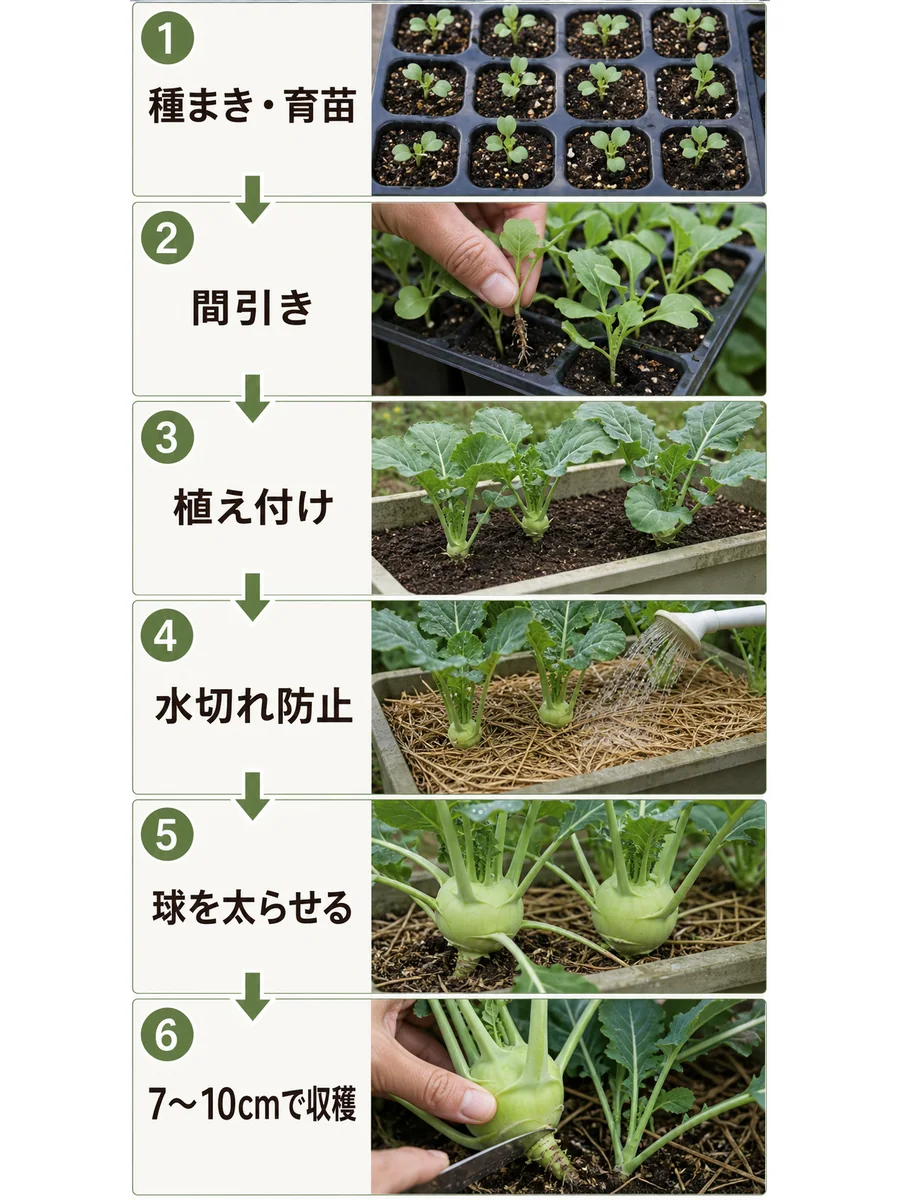 コールラビの種まきと育苗、間引き、植え付け、水切れ防止、球を太らせる管理、7〜10cmで収穫する流れ