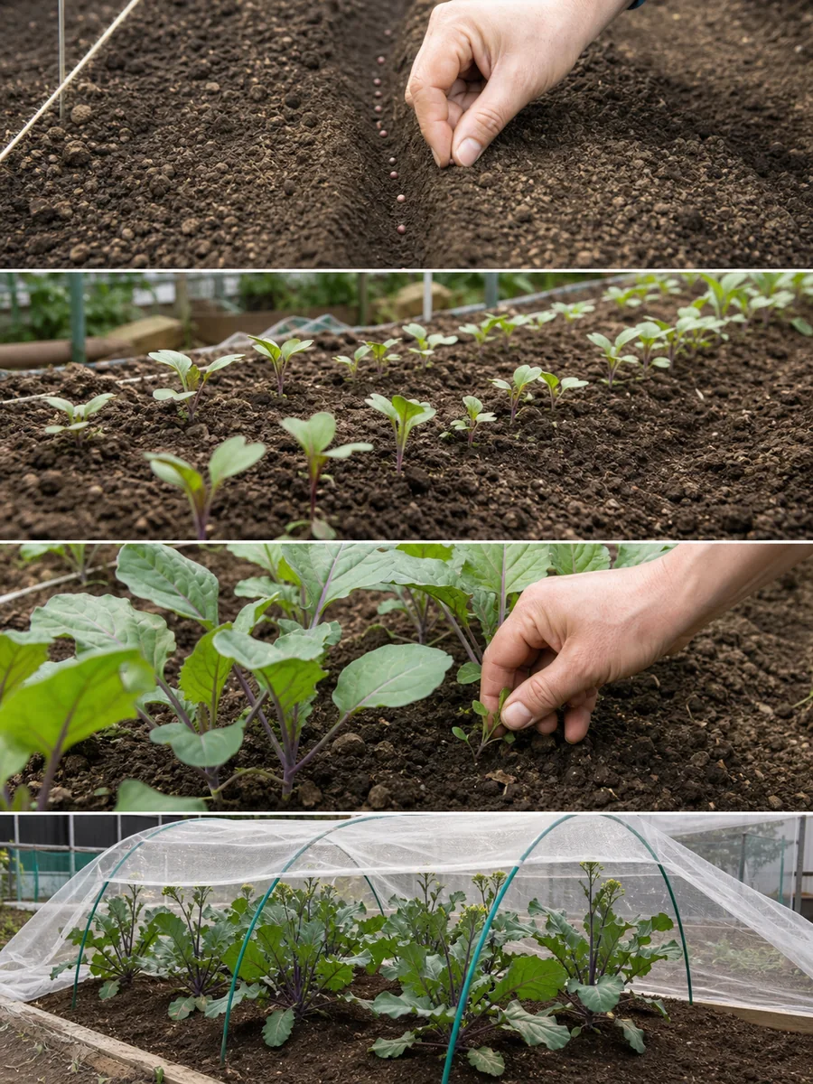 紅菜苔の筋まき、発芽、間引き、最終株間を順に示す栽培手順
