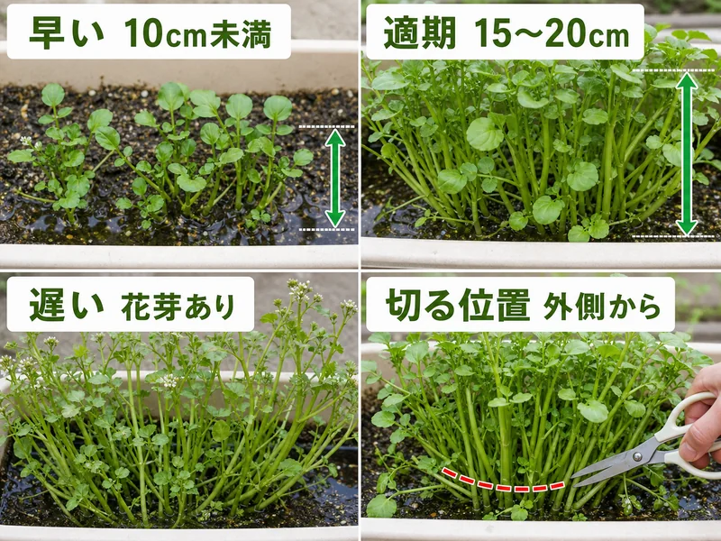 クレソンの早い、適期、遅い、外側から切る位置を比較した収穫目安画像