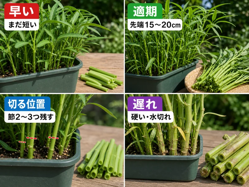 空芯菜の早い株、収穫適期、切る位置、遅れサインを比較した画像