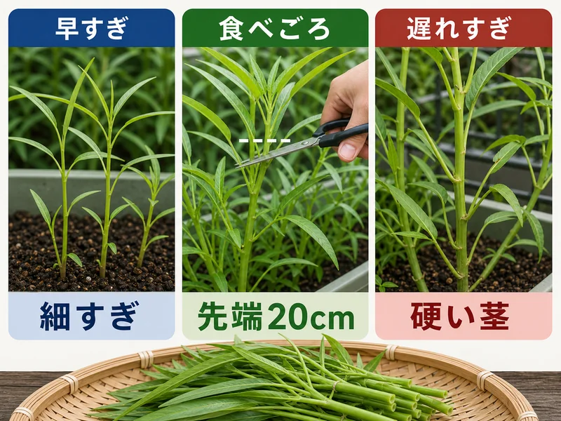 空芯菜の早すぎ、食べごろ、遅れすぎを比較した収穫目安画像