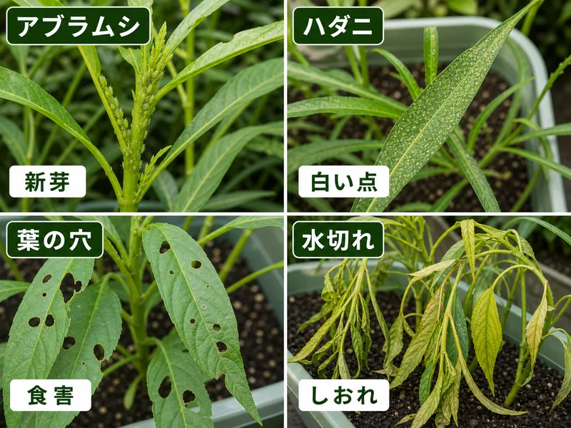 空芯菜のアブラムシ、ハダニ、葉の穴、水切れをまとめた画像