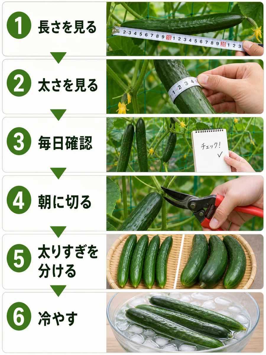 きゅうりの収穫目安の判断手順をまとめた縦長画像