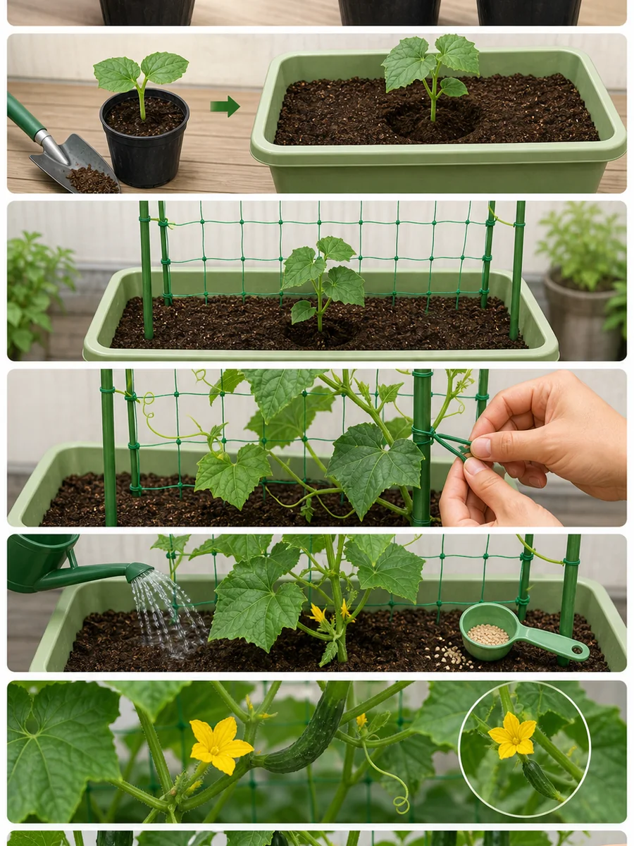きゅうりの種まき、植え付け、ネット誘引、水やり、収穫までの流れをまとめた縦長画像