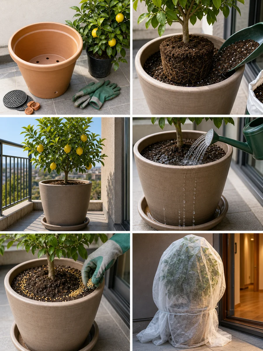レモン鉢植えの鉢選び、植え付け、日当たり、水やり、追肥、防寒の流れ