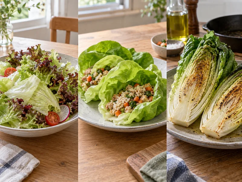 玉と赤リーフのサラダ、サラダ菜の包み料理、ロメインの焼き野菜を比較した料理例