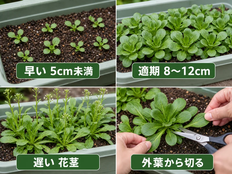 マーシュの早い5cm未満、適期8〜12cm、遅い花茎、外葉から切る収穫目安を比較した画像