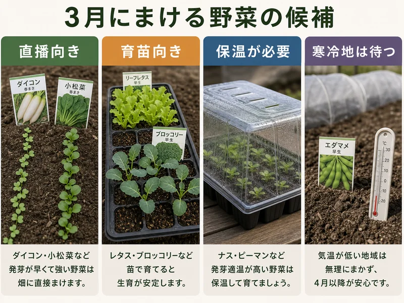 3月に種まきできる野菜を直播・育苗・保温で分けた画像