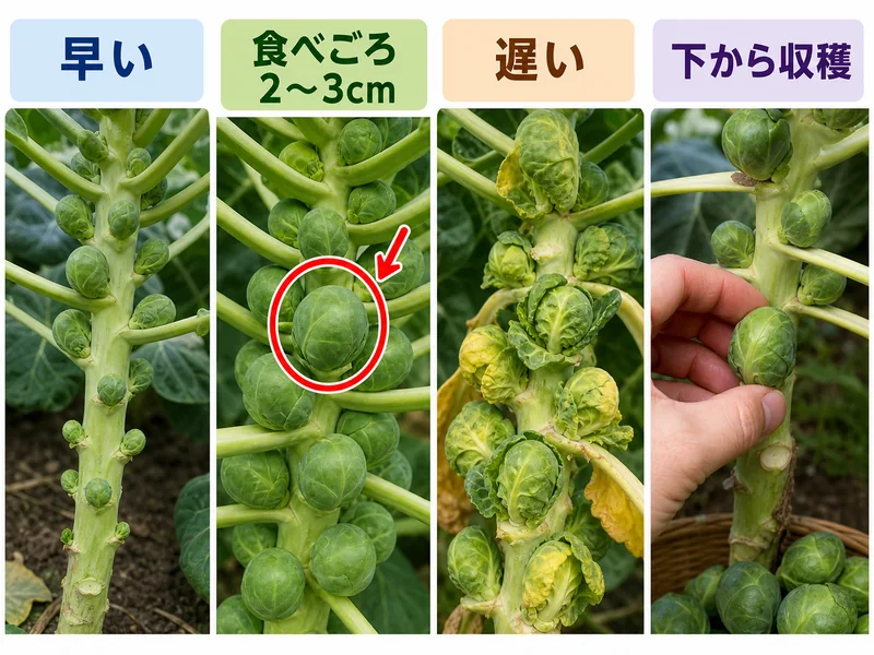 芽キャベツの早い芽、食べごろ2〜3cmの締まった芽、遅いゆるんだ芽、下から収穫する位置を比べる画像