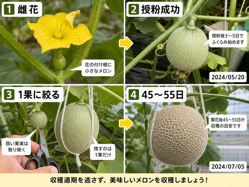 メロンの雌花、授粉成功、1株1果、授粉後45〜55日の判断を比較した画像