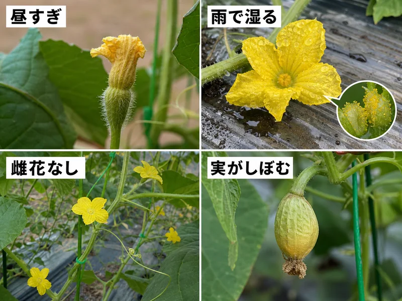 メロン人工授粉の昼すぎ、雨で湿る、雌花なし、実がしぼむ失敗を比較した画像