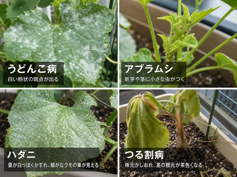 メロンのうどんこ病、アブラムシ、ハダニ、つる割病を見分ける画像