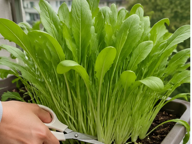 草丈30〜40cmで葉柄がみずみずしい壬生菜を株元からハサミで収穫する手元