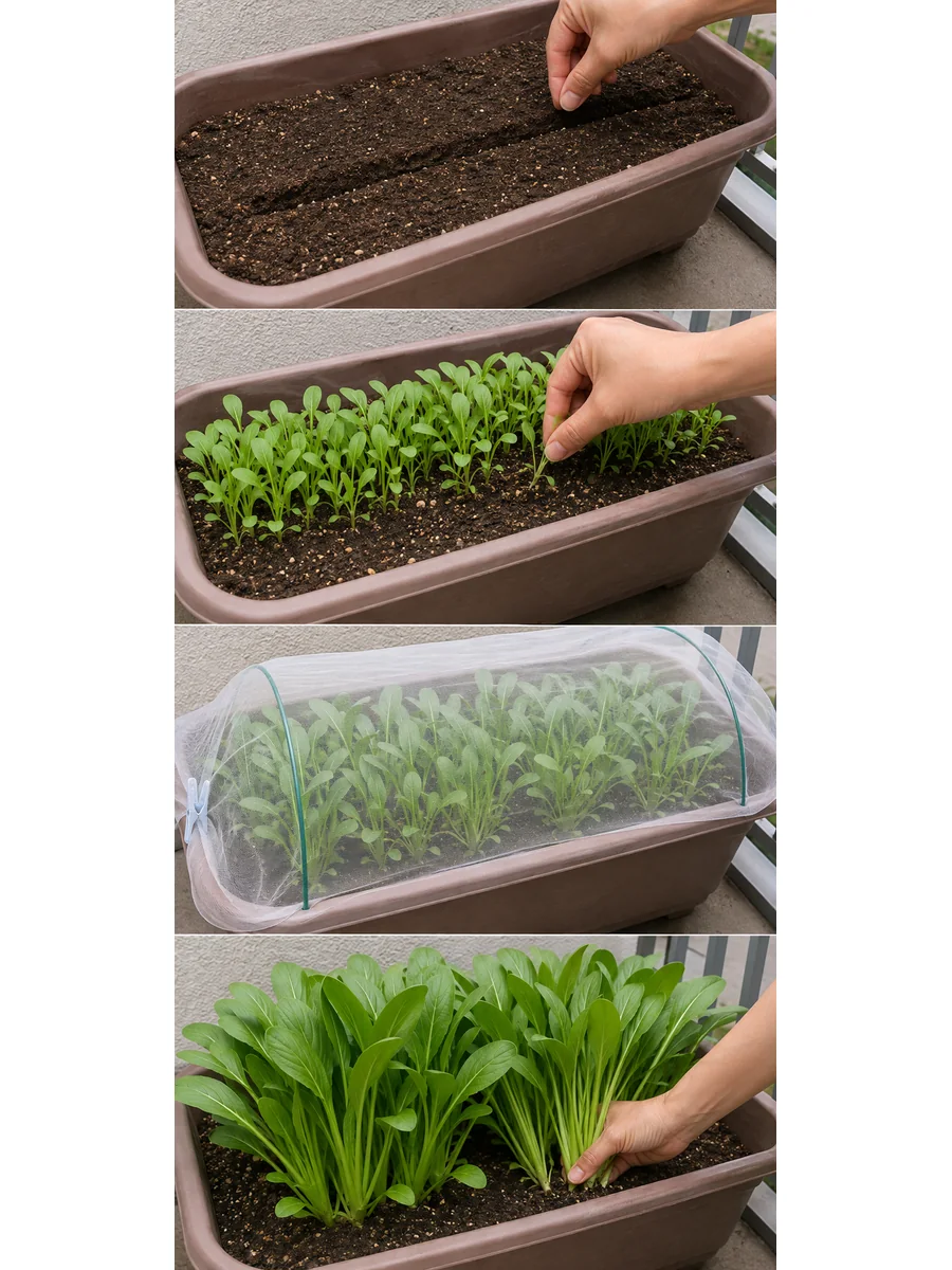 壬生菜の筋まき、発芽後の間引き、防虫ネット、収穫サイズを順に示す栽培手順