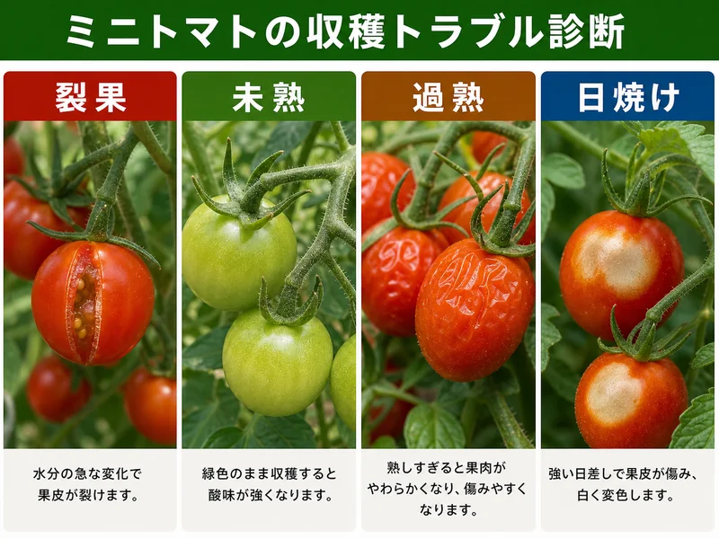 ミニトマトの収穫目安の収穫前後のトラブルを比較した画像