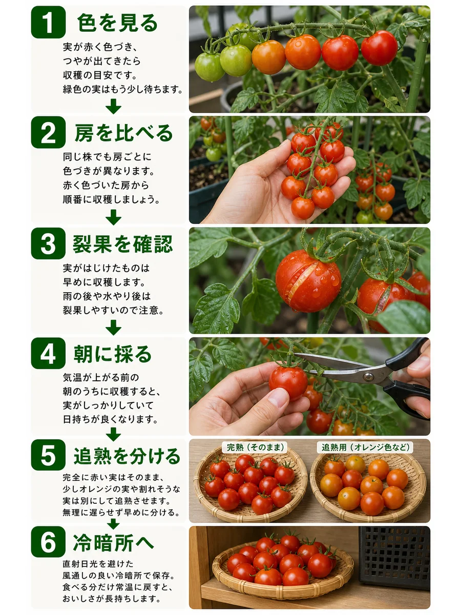 ミニトマトの収穫目安の判断手順をまとめた縦長画像
