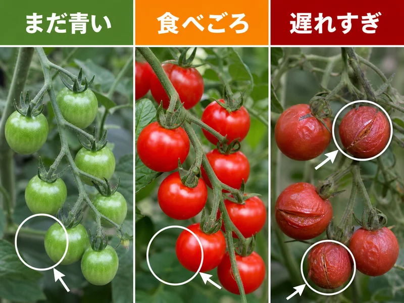 ミニトマトの未熟、食べごろ、収穫遅れを比較した収穫目安画像
