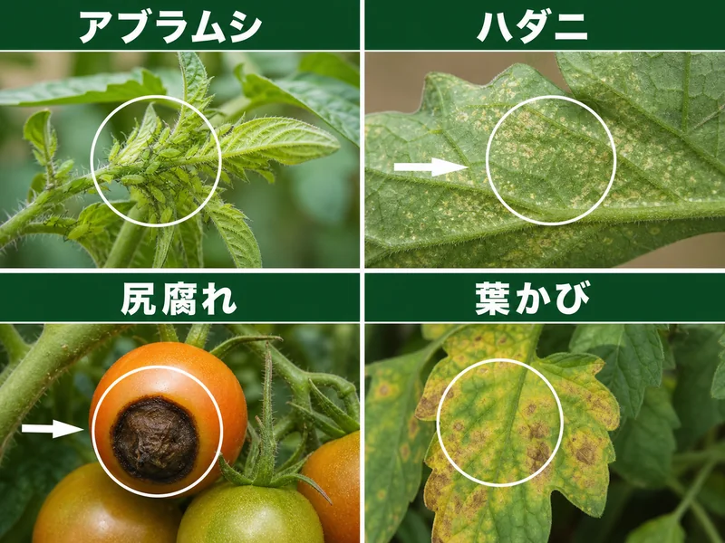 ミニトマトのアブラムシ、ハダニ、尻腐れ、葉かびの症状をまとめた画像