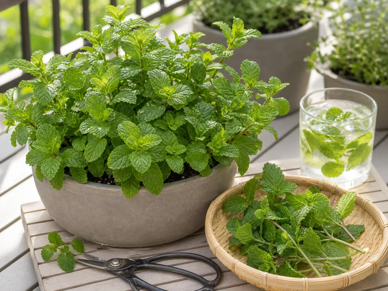 鉢植えミントから茎先を収穫した様子